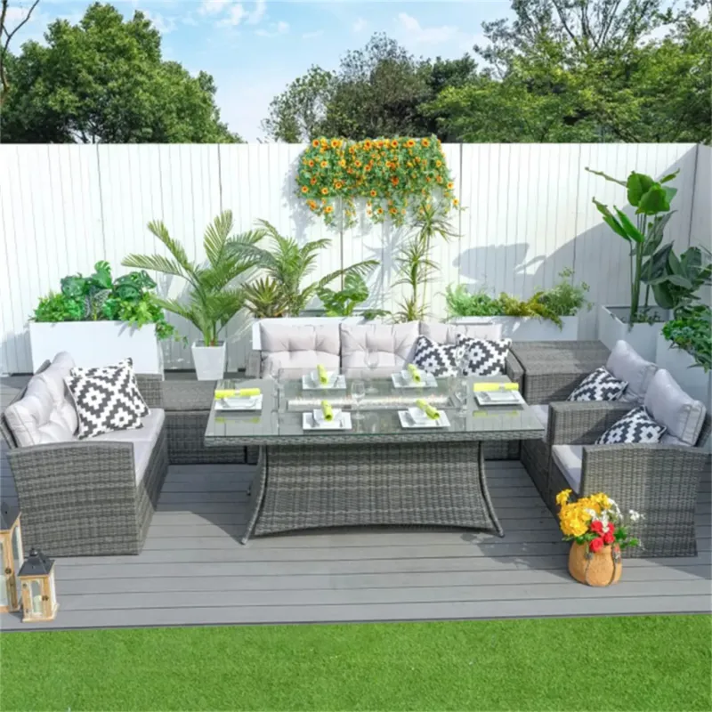 Savannah Sunset Florence Grey 6-Seater Rattan Fire Pit Sofa Set with Storage