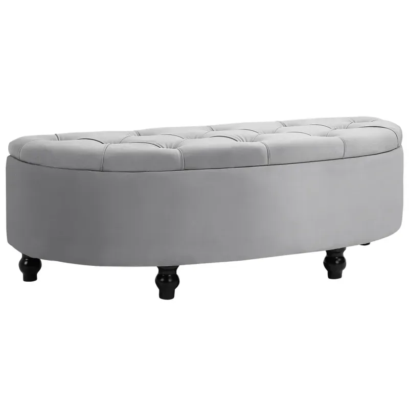 Light Grey Velvet Semi-Circle Ottoman Storage Bench with Carved Wooden Legs