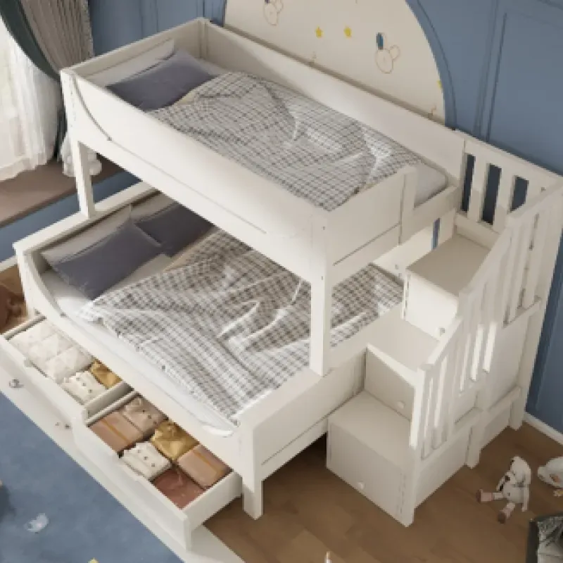 Solid Wood Triple Bunk Bed with Storage Staircase and Underbed Drawer, White