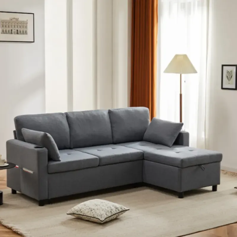3-Seater L-Shaped Corner Sofa Bed with Storage Chaise and Cup Holders - Grey