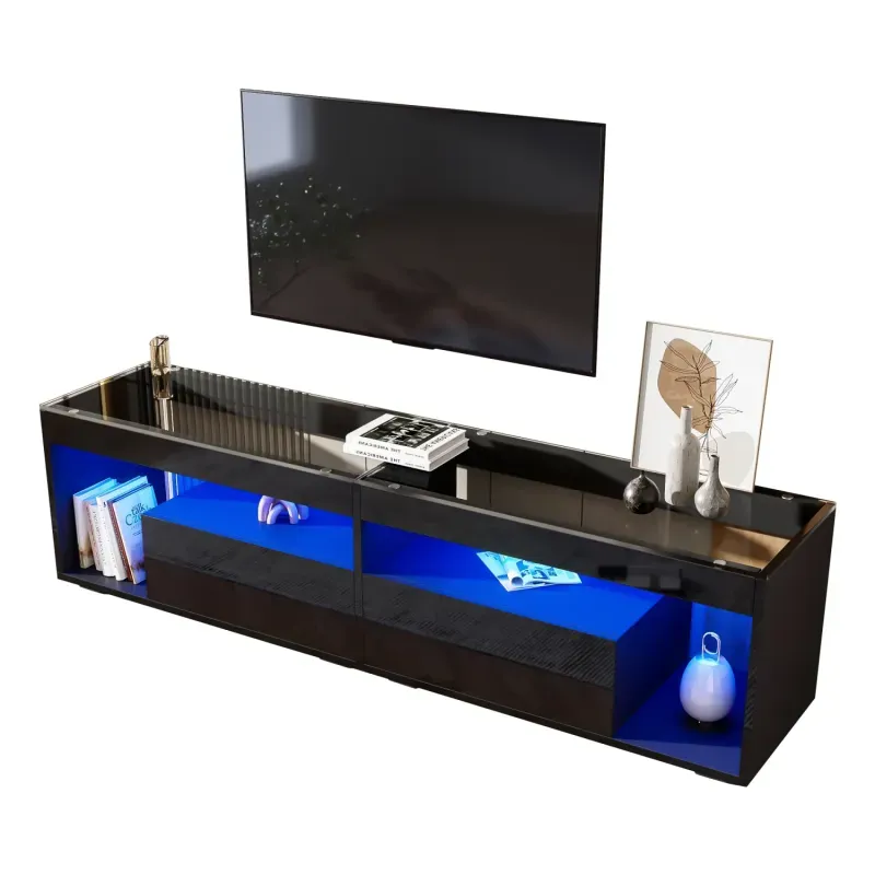180cm Black High Gloss TV Stand with Glass Top and LED Lights - Fits up to 80 inch TVs