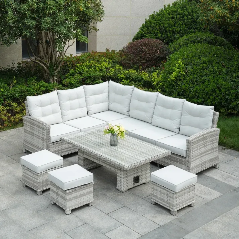 Oslo 8-Seater Rattan Garden Corner Sofa Set with Height-Adjustable Lift Table - Grey