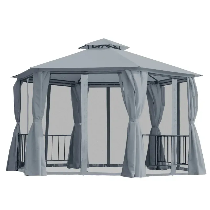  3m x 3m Hexagon Garden Gazebo with 2-Tier Roof and Side Panels - Grey