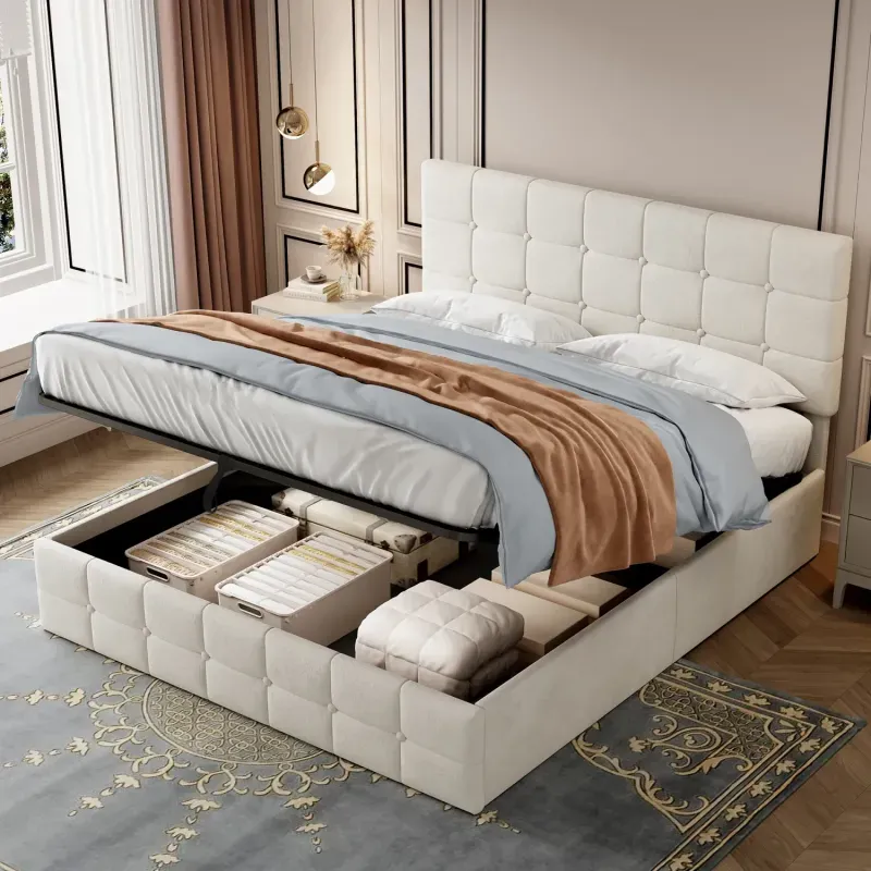 Velvet Ottoman Storage Bed, Double, in Beige, with Adjustable Tufted Headboard
