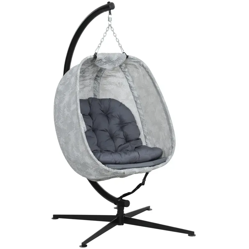  Hanging Egg Chair with Folding Basket, Stand, Thickened Cushion and Cup Holder - Grey