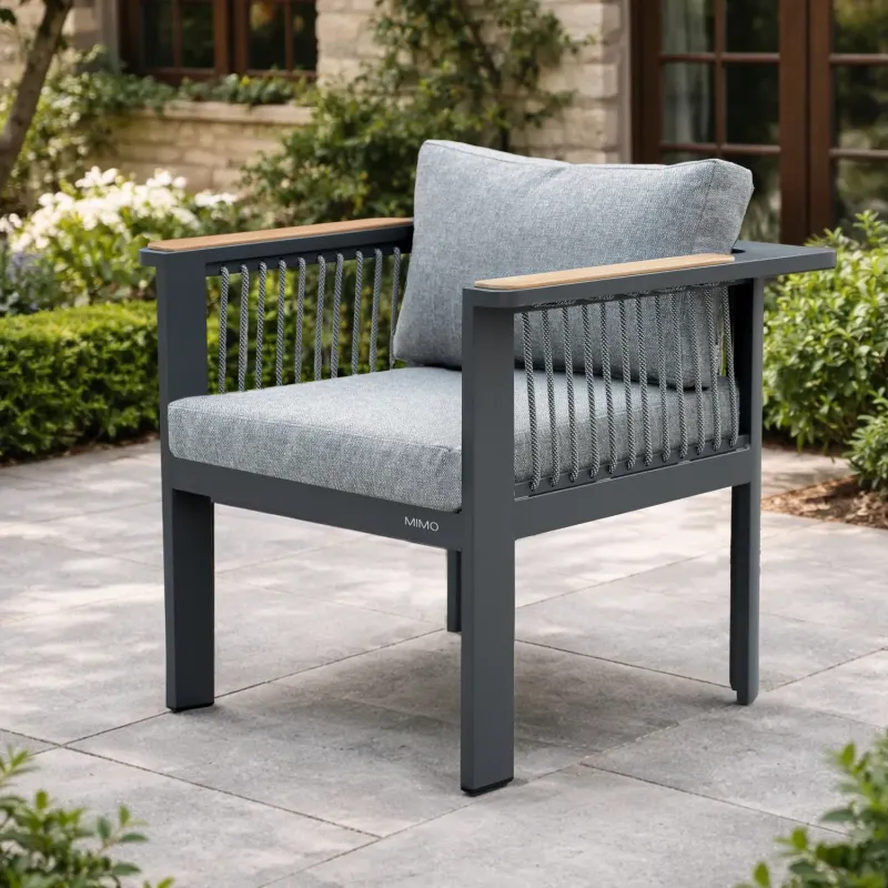 Talara Aluminium Outdoor Dining Chair with Teak Armrests and Rope Detail