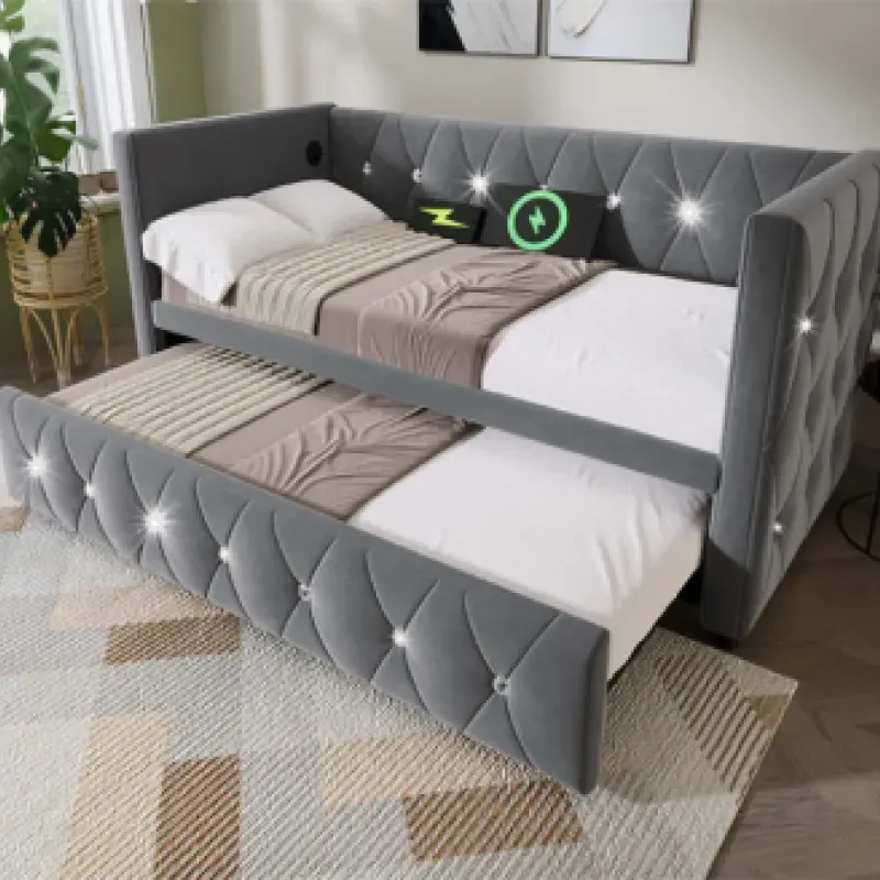 Grey Velvet 3FT Single Daybed with Pull-Out Trundle and USB Charging Station