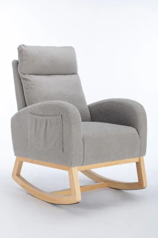 Mid-Century Modern Teddy Fabric Rocking Chair in Light Grey