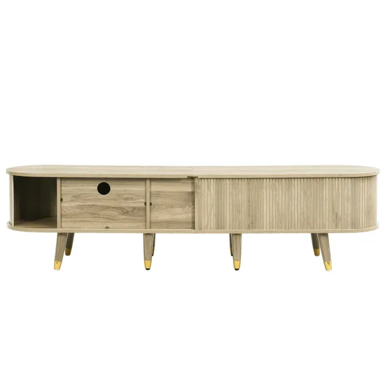 Light Wood Effect TV Stand, 175cm, in Light Wood, with Sliding Door and Gold Accents