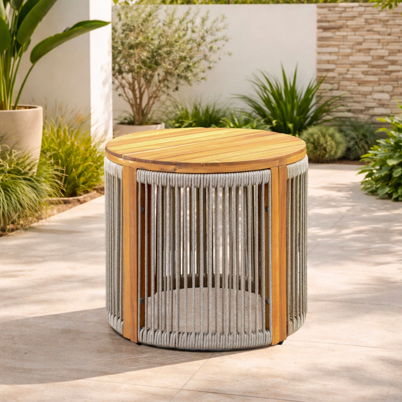 Caven Solid Wood Round Side Table, Ø48cm, in Natural, with Rope-Woven Detail