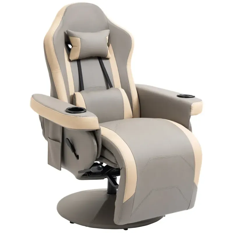  Grey and Beige Swivel Manual Recliner Chair with Cup Holder