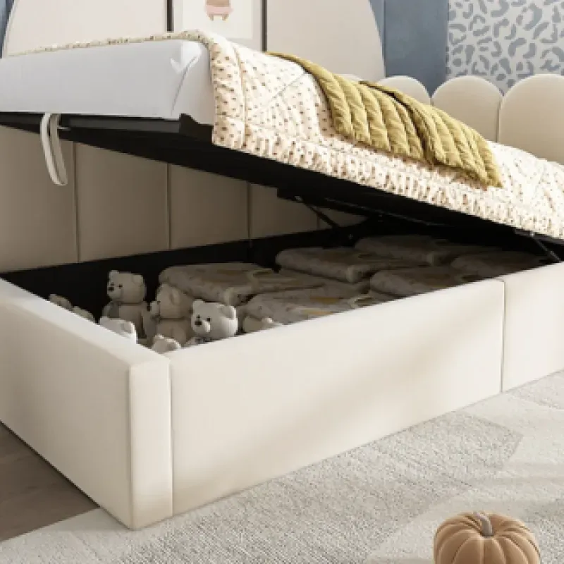 Velvet Upholstered 3FT Single Daybed with Hydraulic Ottoman Storage - Beige