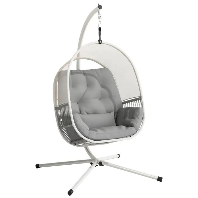 Hanging Egg Chair with Stand, Padded Cushions and Adjustable Height - Light Grey