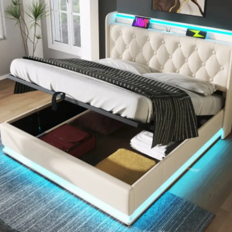 5ft King Size White PU Leather Ottoman Bed with 360° LED Lighting and USB Charging