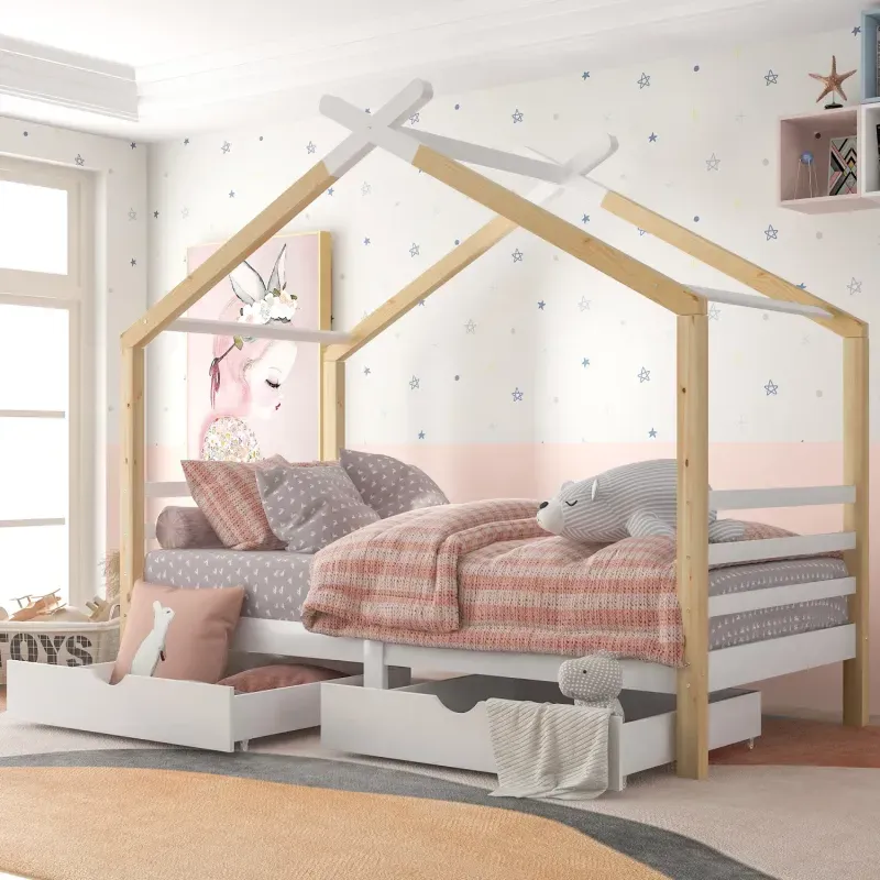 Solid Pine Children's Bed, Single, in Natural Wood, with House Frame and Under-Bed Storage Drawers