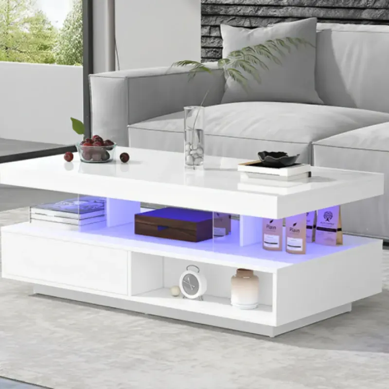 White High Gloss LED Coffee Table with 2 Drawers and Open Storage