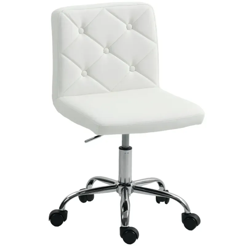 White Armless PU Leather Swivel Office Chair with Button Tufting