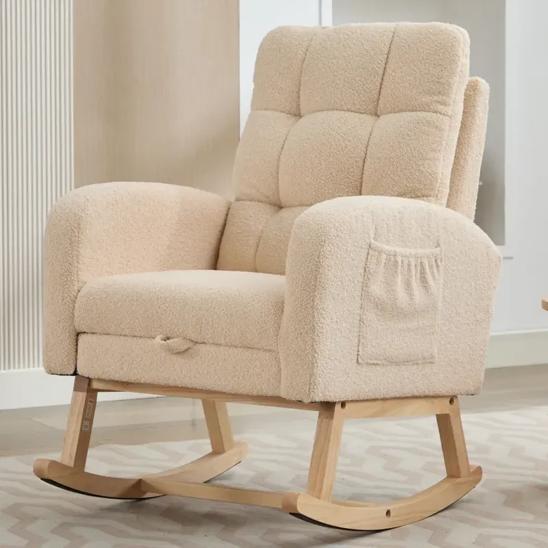 Beige Teddy Fabric Rocking Chair with Adjustable Footrest and Solid Wood Legs