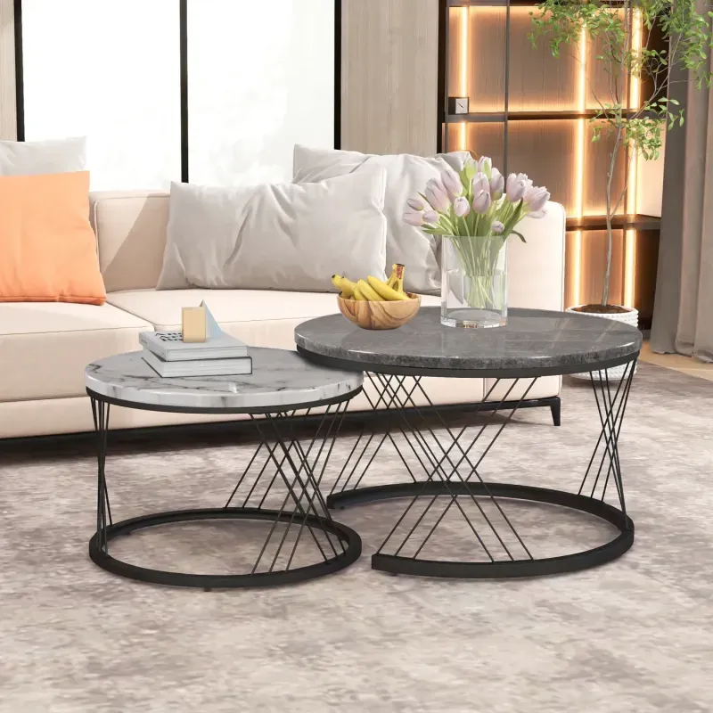Set of 2 Round Marble-Effect Nesting Coffee Tables with Gold Frame