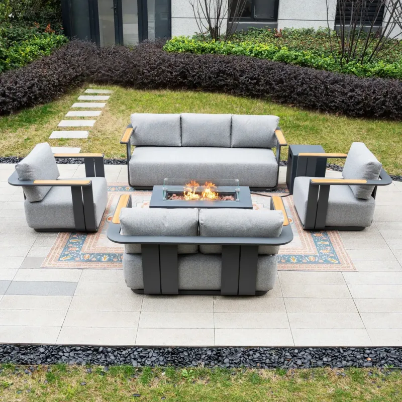 Varel 5-Piece Aluminium Garden Sofa Set with Teak Accents and Zenith Fire Pit Table