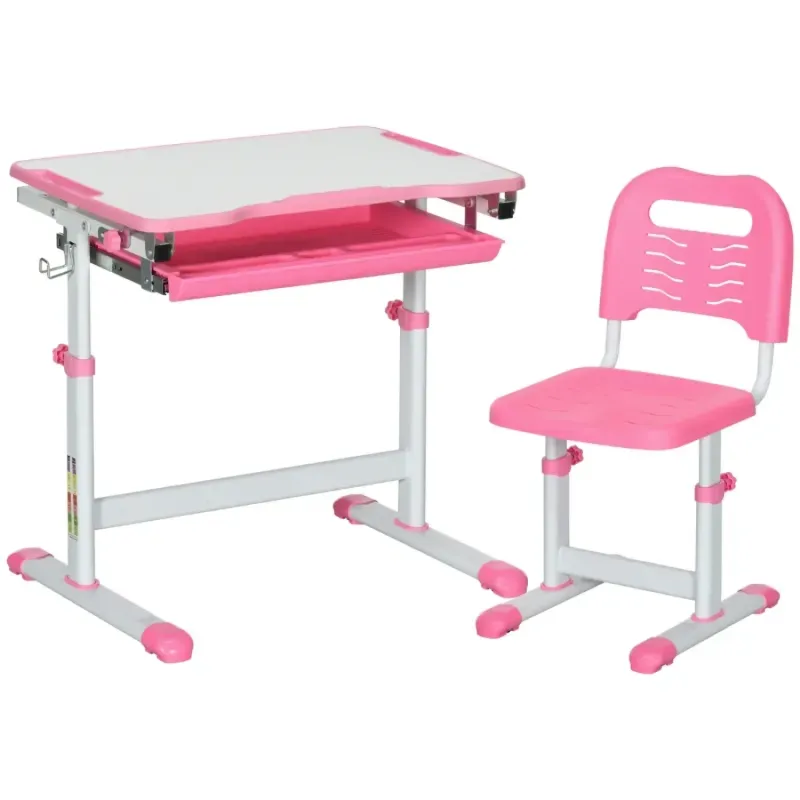 Children's Adjustable Desk and Chair Set with Tilting Top & Storage - Pink
