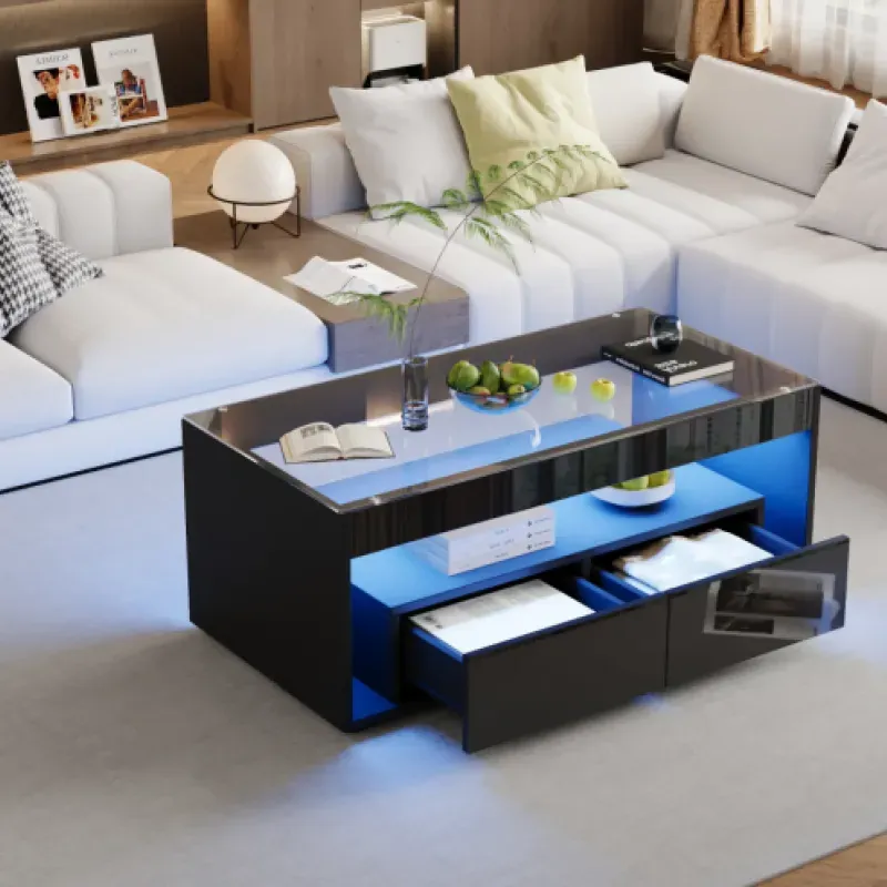 High Gloss Black LED Coffee Table with Tempered Glass Top and 2 Drawers - 100cm