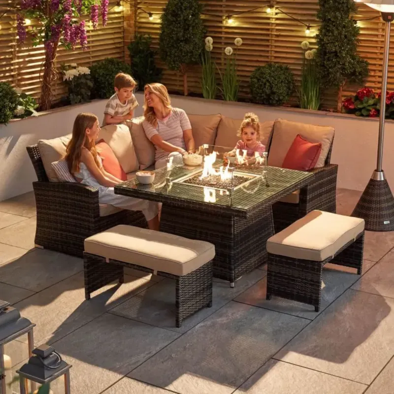 8-Seater Rattan Garden Corner Sofa Set with Square Fire Pit Table and 2 Benches