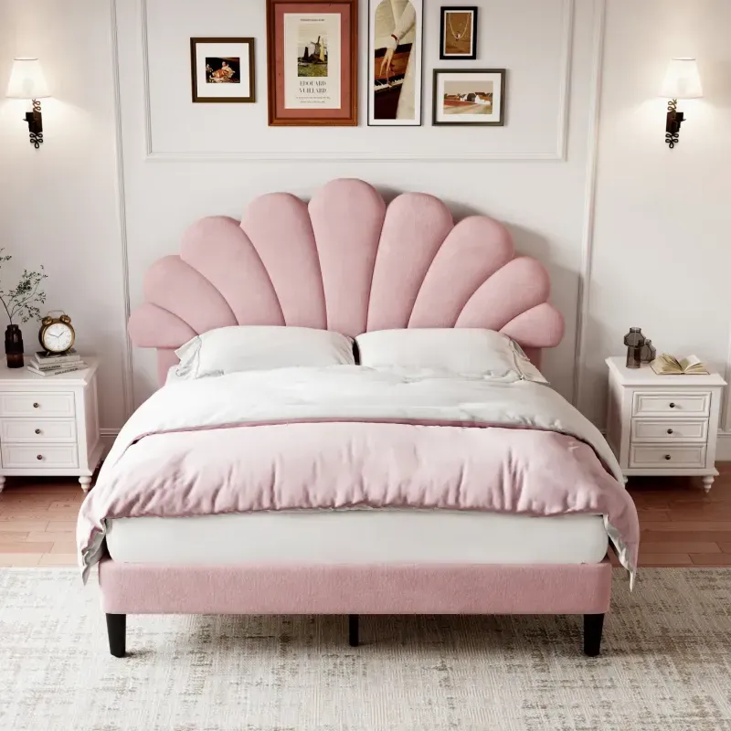 Pink Velvet Double Bed Frame with Adjustable Petal Headboard