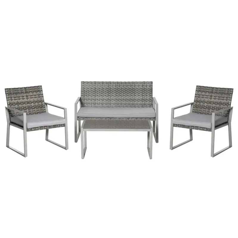  4-Piece Rattan Garden Furniture Set with 2-Seater Sofa, 2 Armchairs and Coffee Table - Grey