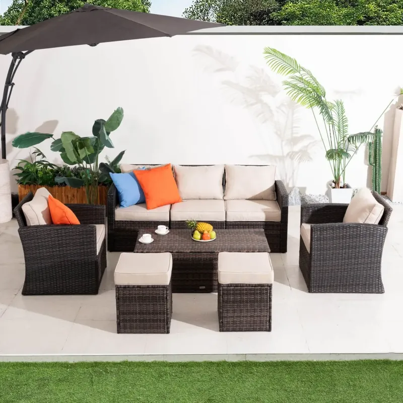 Naples 7-Seater Modular Rattan Garden Sofa Set with Storage Coffee Table - Grey