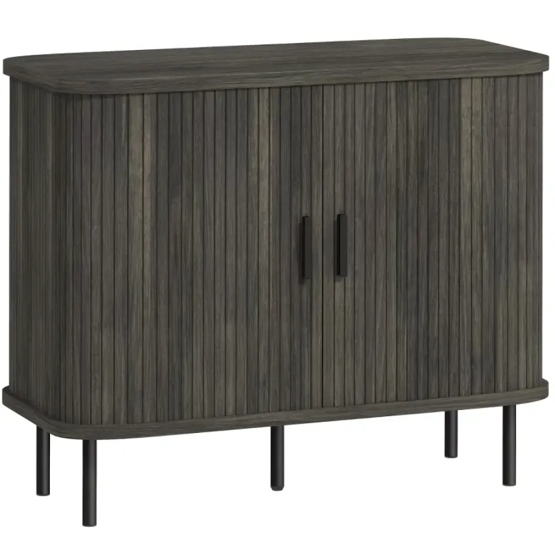 Mid-Century Grey Sideboard with Slatted Tambour Sliding Doors and Steel Legs