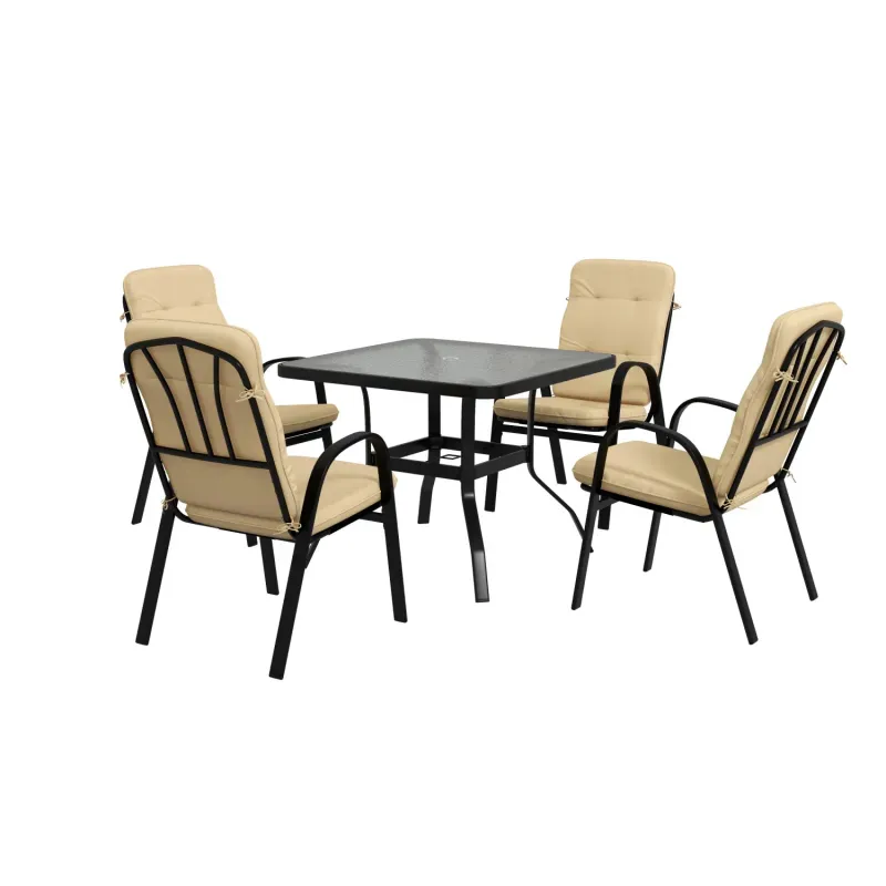  4 Seater Garden Dining Set with Glass Table and Cushioned Armchairs - Beige