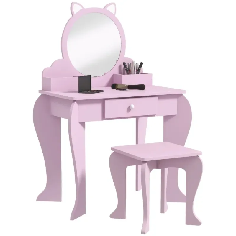ZONEKIZ Kids Pink Dressing Table and Stool Set with Cat Mirror and Storage