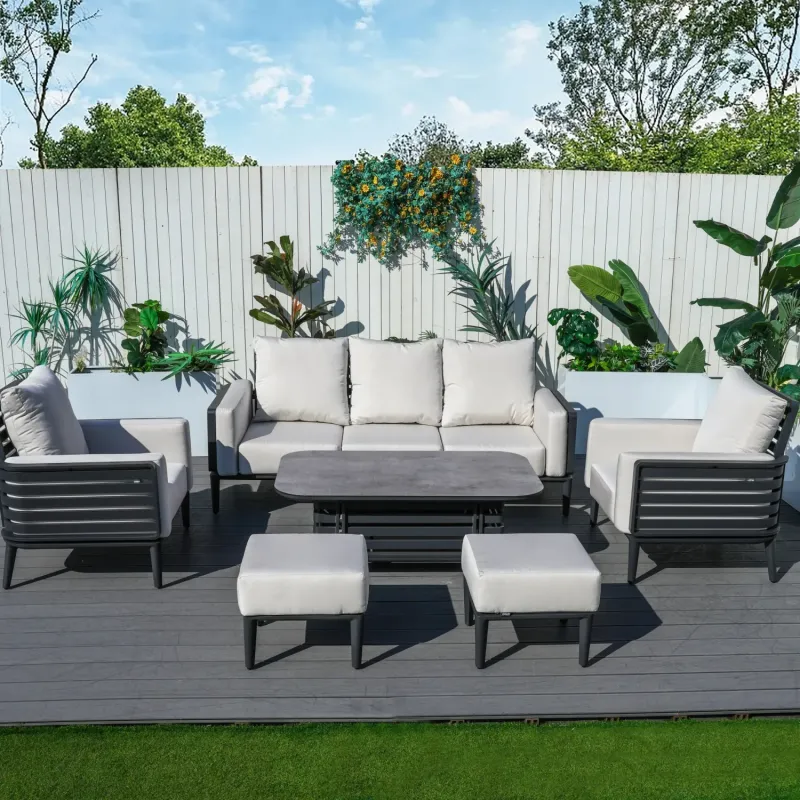 Aurel 7-Seater Aluminium Outdoor Lounge Set with HPL Coffee Table and Ottomans