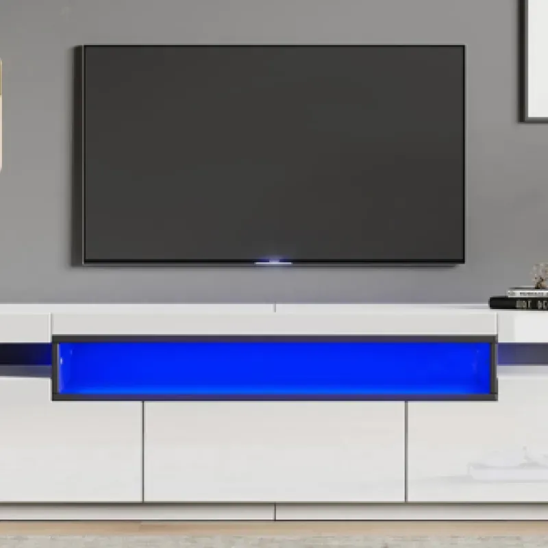 Modern 160cm High Gloss TV Unit with App-Controlled LED Lights - White