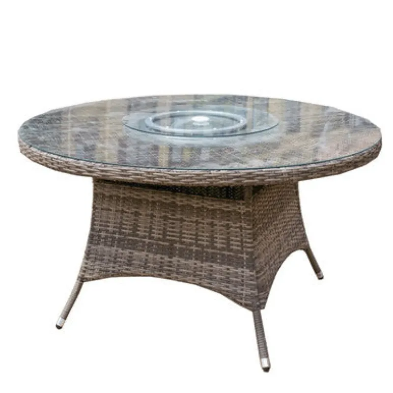 6-Seater Round Brown Rattan Outdoor Dining Table with Glass Turntable
