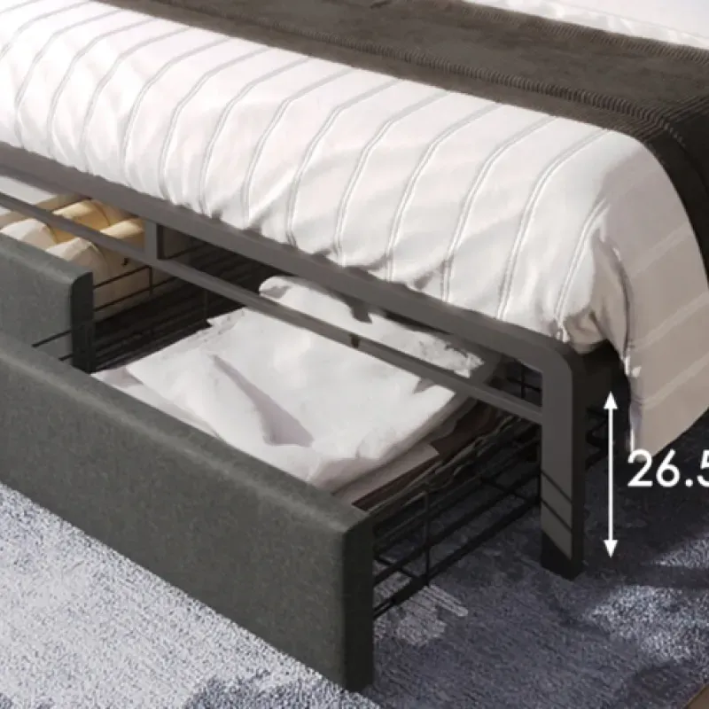 4ft6 Double Grey Linen Upholstered Storage Bed with LED Headboard & USB Charging