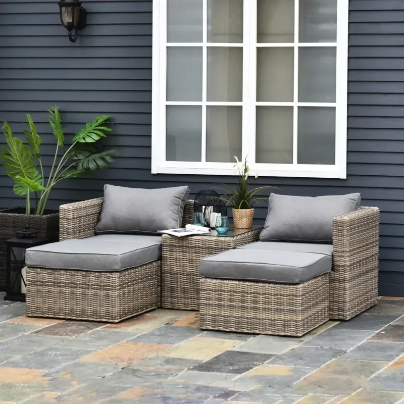  5-Piece Rattan Garden Sofa Set with Aluminium Frame and 10cm Thick Cushions - Mixed Brown