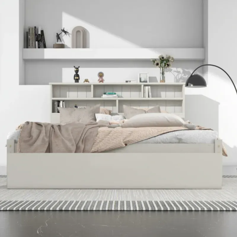Pine and MDF Storage Bed, Double, in White, with Bookcase Headboard and Underbed Drawer