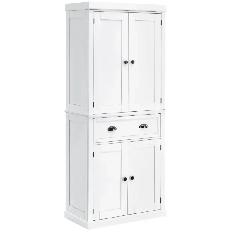 184cm Tall Freestanding Kitchen Pantry Cupboard with 4 Doors and Drawer - White