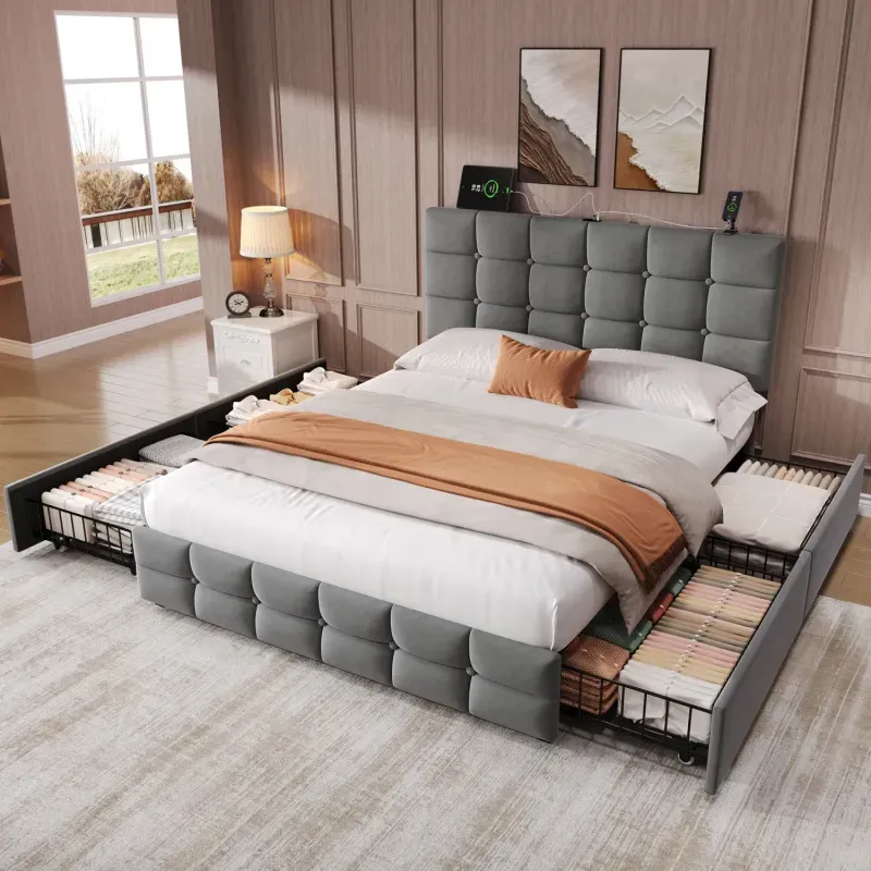 Double Upholstered Bed, Velvet in Grey, with 4 Storage Drawers and USB Charging