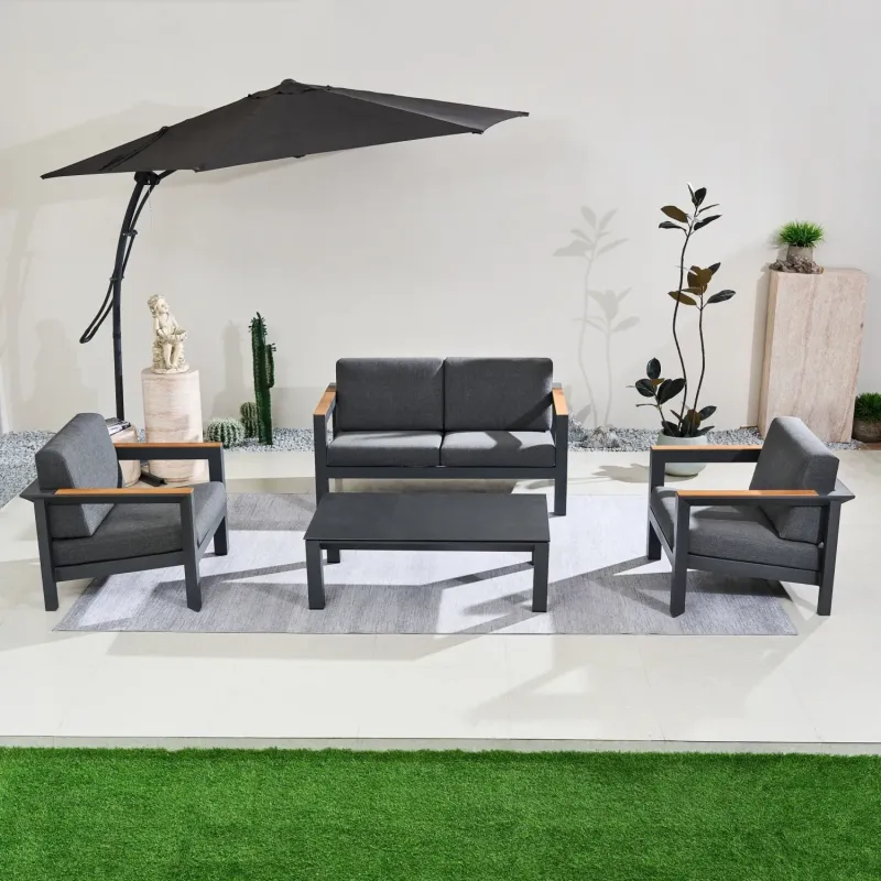 Arve 4-Seater Aluminium Garden Lounge Set with Teak Accents - Carbon Black