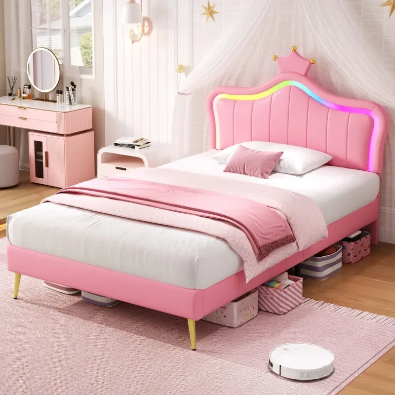 Upholstered PU Leather Bed, Single, in Pink, with LED Crown Headboard