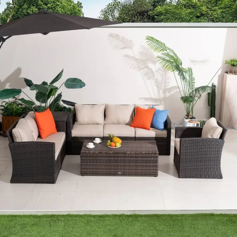 Naples 6-Seater Rattan Garden Lounge Set with Storage Tables - Grey