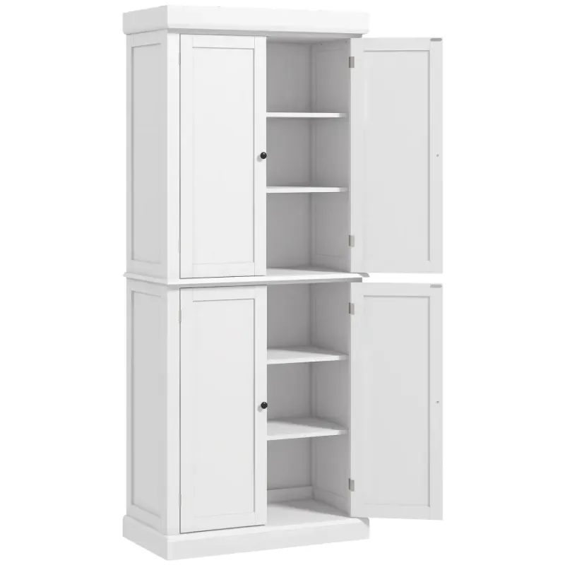 Freestanding White Kitchen Larder Cupboard with 4 Doors and 6-Tier Storage