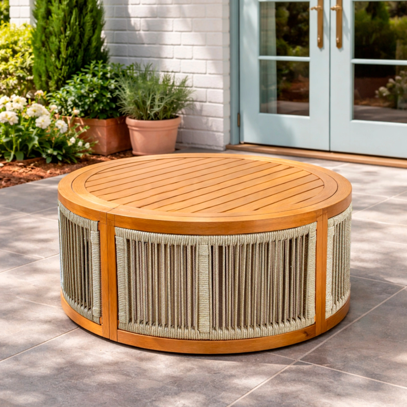 Caven Solid Acacia Wood Oval Outdoor Coffee Table with Rope Detail