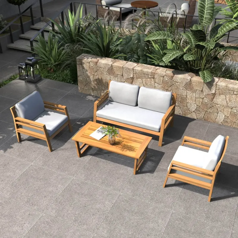 4-Seater Solid Wood Garden Lounge Set with Coffee Table - Teak Finish
