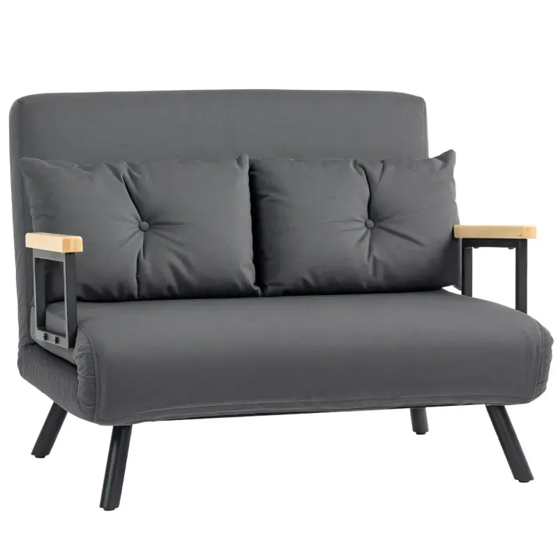 4-in-1 Dark Grey Velvet-Feel Double Sofa Bed with Wooden Arms