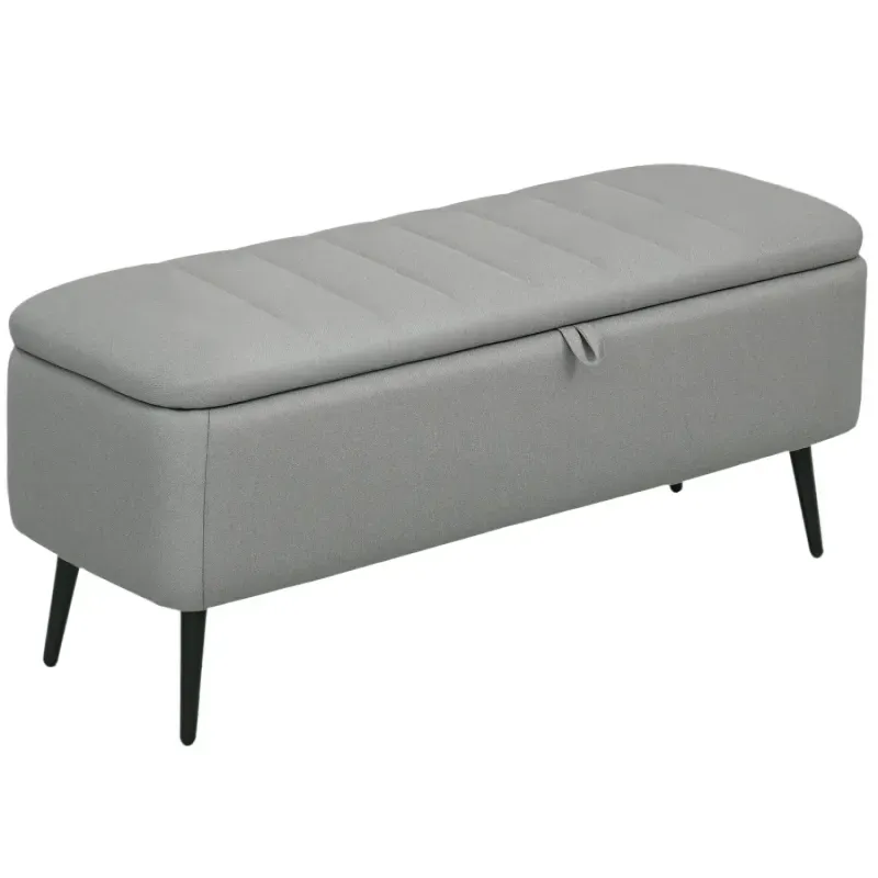 102cm Linen-Look Storage Ottoman Bench with Steel Legs - Light Grey