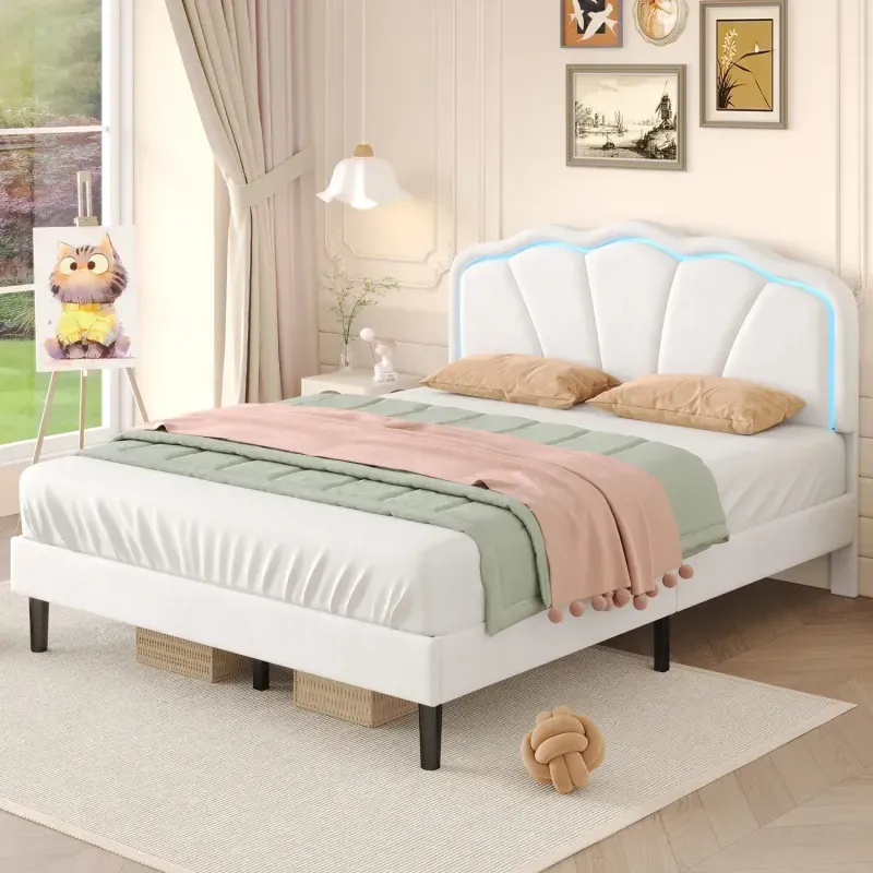 Velvet Upholstered Bed, Double, in Cream White, with LED Shell Headboard